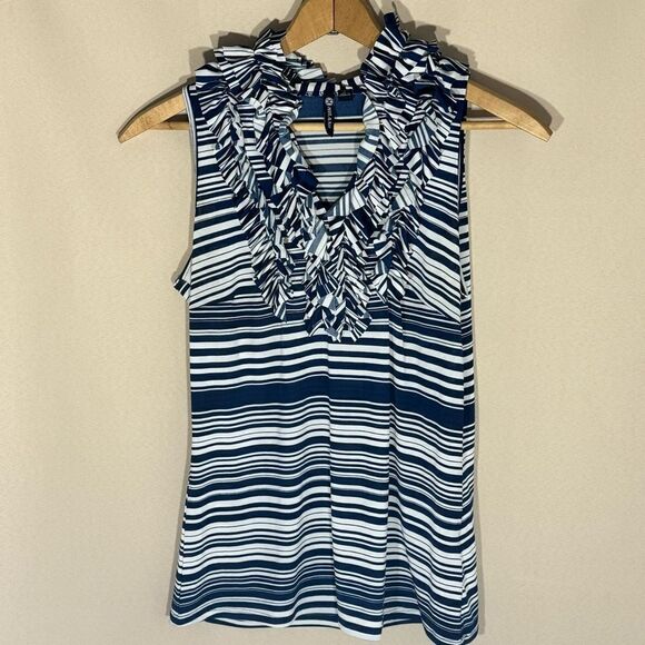 Milano Blue White Striped Sleeveless Frills Ruffled Neck Top Size M - Picture 2 of 12